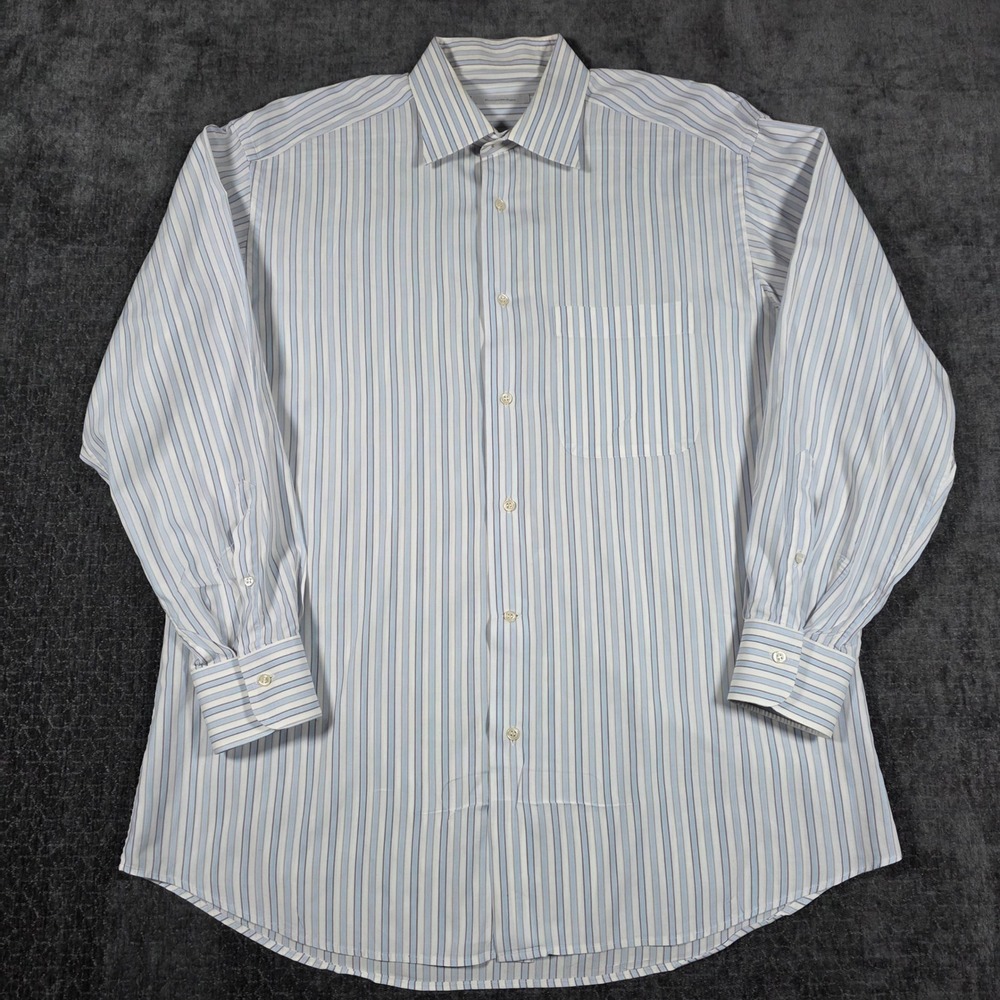 Ermenegildo Zegna Mens Striped Button Down Shirt Blue Tan White 16.5 42 L/S